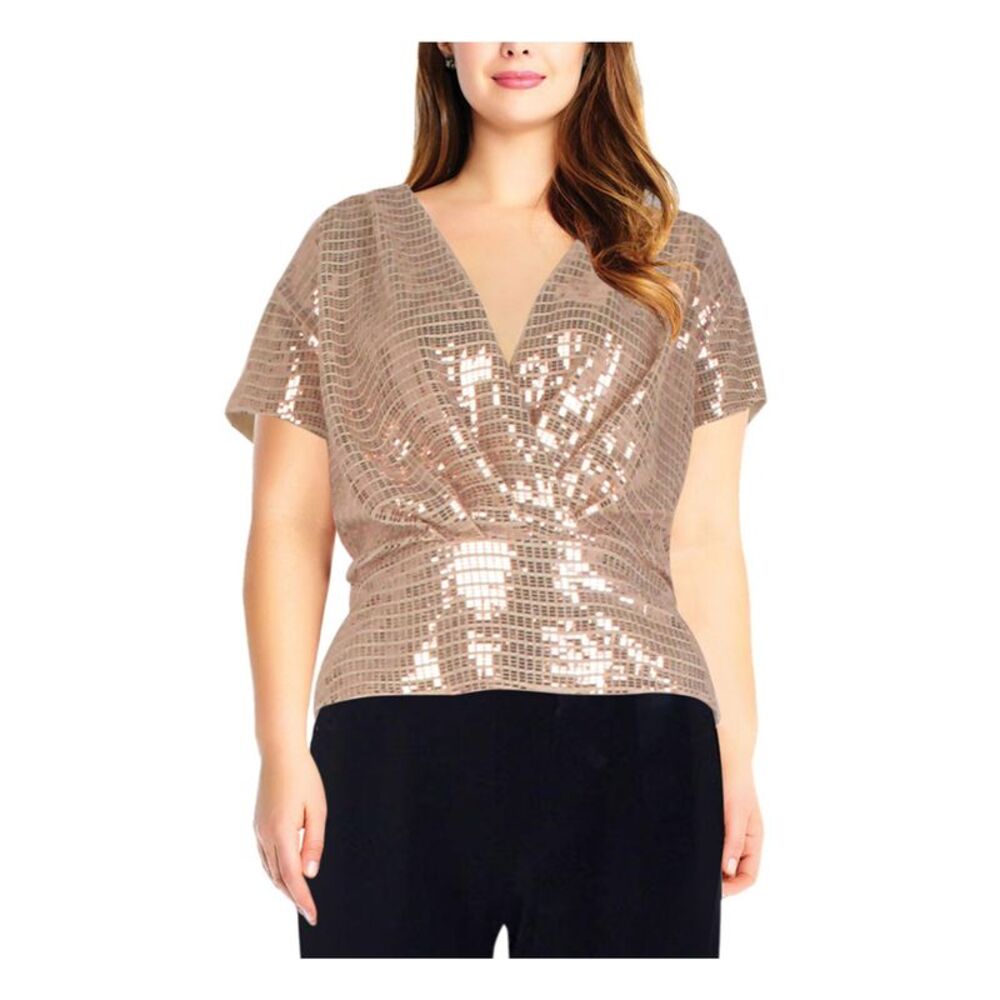 ADRIANNA PAPELL Womens Gold Foil-knit Short Sleeve Evening Wrap Top 2